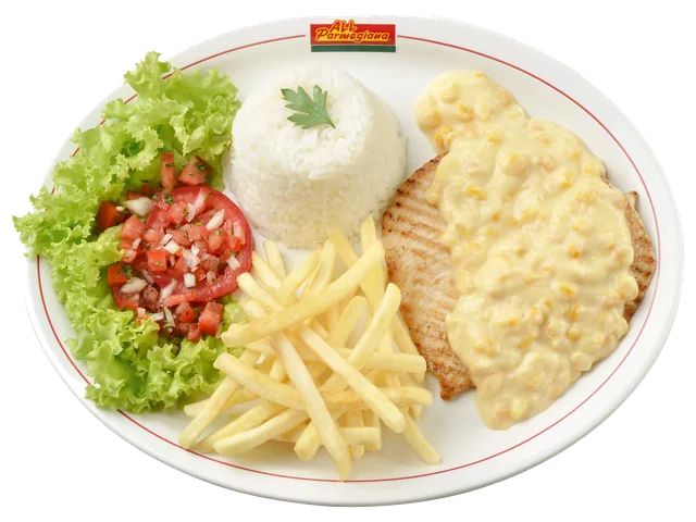 Filet de Frango Grill All Creme de Milho, prato completo com acompanhamentos